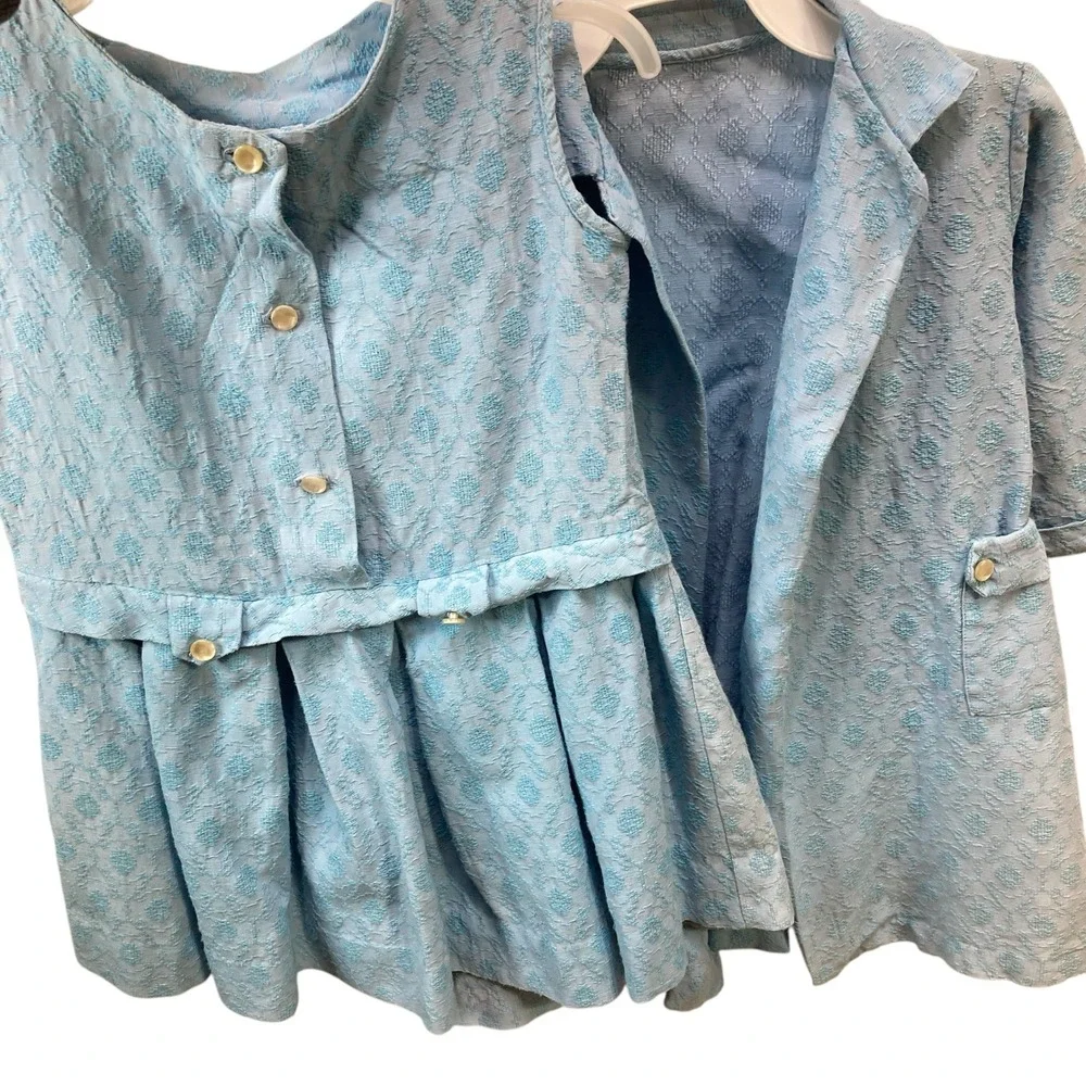 VTG Kids Blue Textured Brocade Dress‎ & Blazer Coat Set Girl 5-6 years handmade